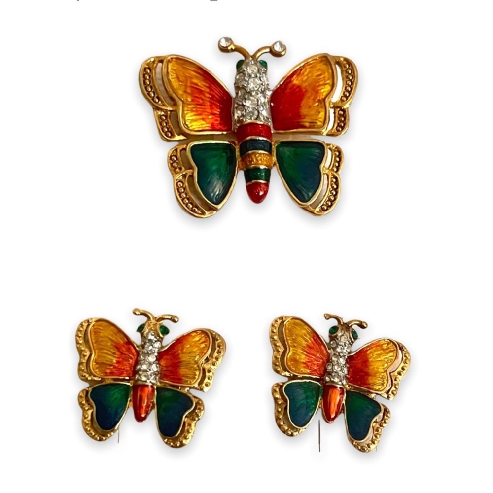 Vintage Author's Brooch & Earrings Set Butterfly Enamel & Diamond 750 Gold